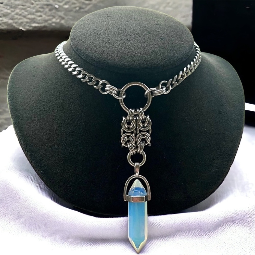Handmade maille necklace with iridescent blue opalite bullet charm boho celtic